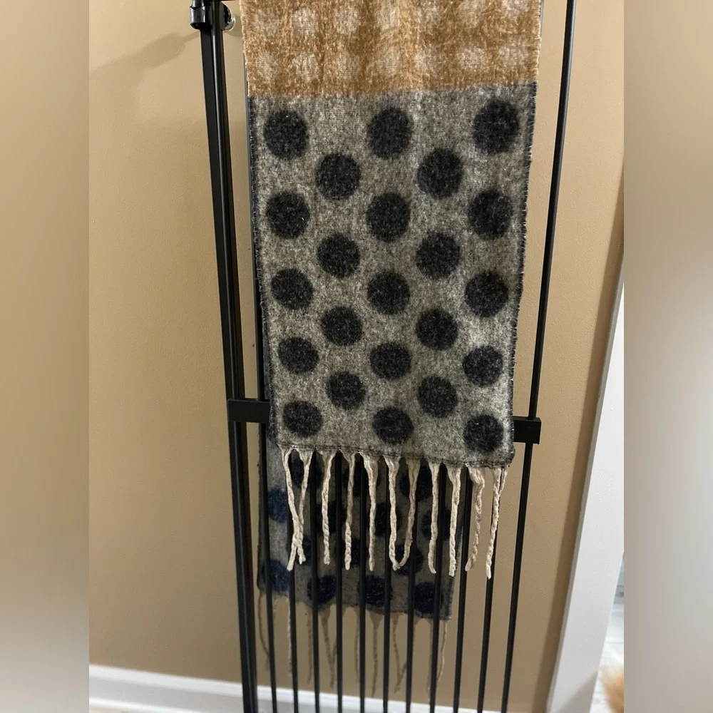 Cozy Polka Dot Wool Blend Scarf - Gray, Gold, and Blue - REVERSIBLE